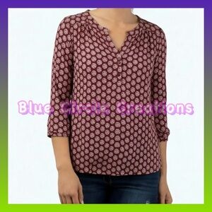 De Collection Blouse Burgundy with White Boho Print Design 3/4 Sleeve V-Neck M